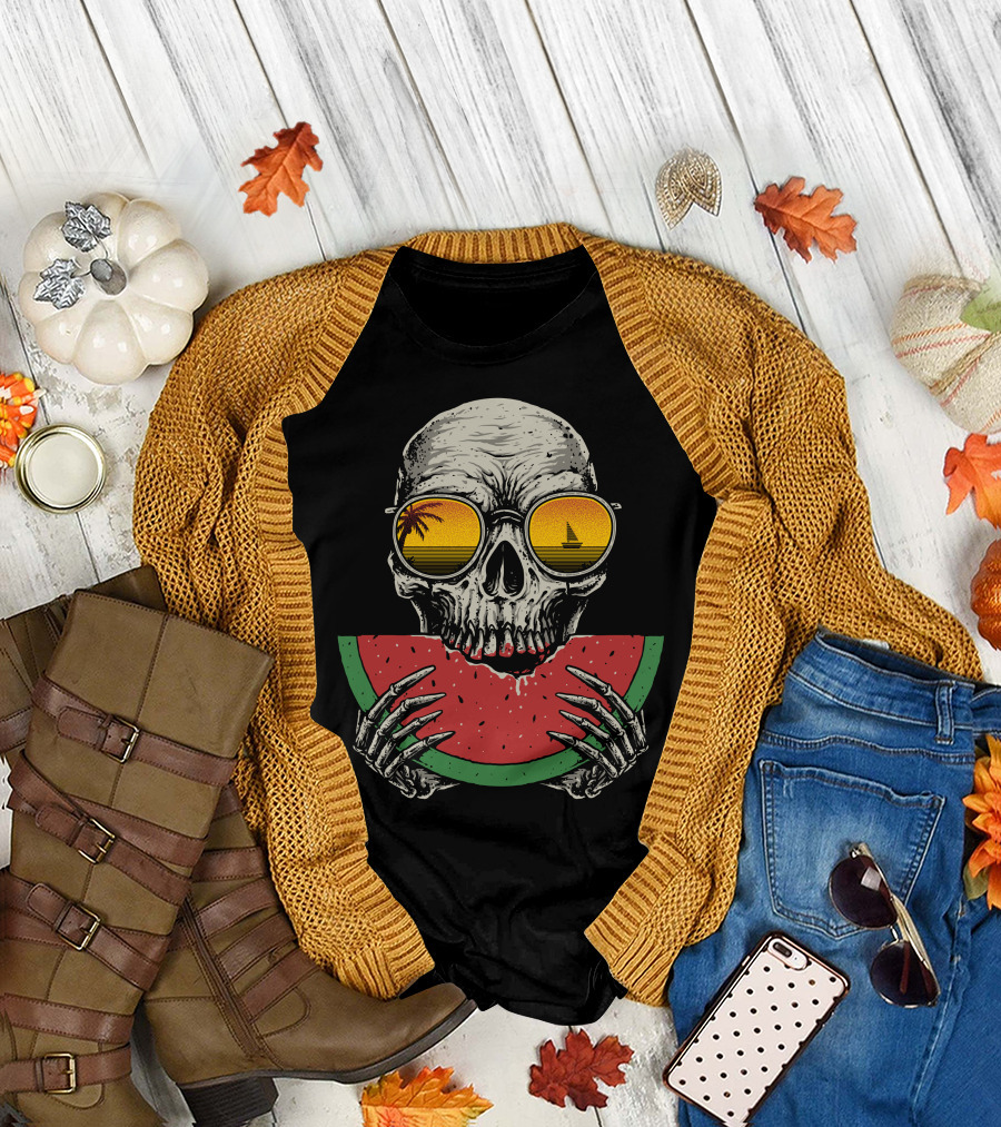 Watermelon Skull Sunset Shades Palm Tree Sailboat T-Shirt
