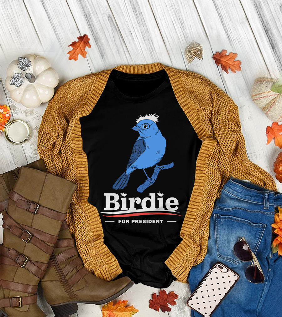 Birdie For President Blue Bird Illustration with White Hair and Glasses T-Shirt