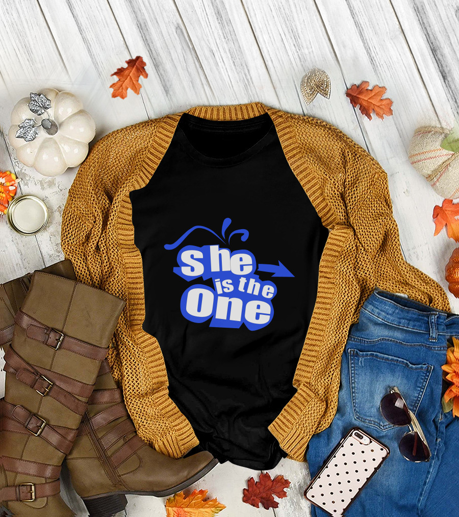 She Is The One Arrow Typography Blue and White T-Shirt