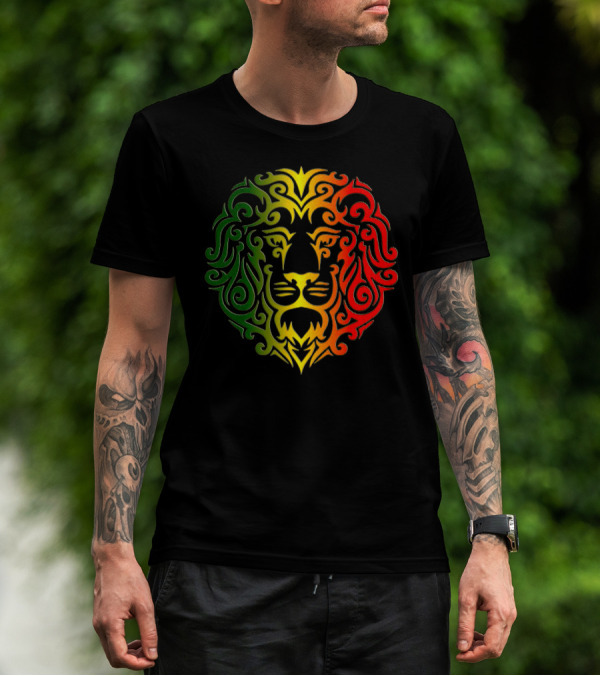 Rasta Lion Tribal Vector Art In Green Yellow Red Gradient T-Shirt