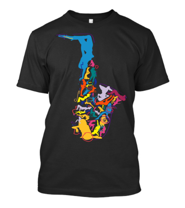 Saxophone Made Of Silhouetted Musicians And Dancers In Vibrant Colors T-Shirt