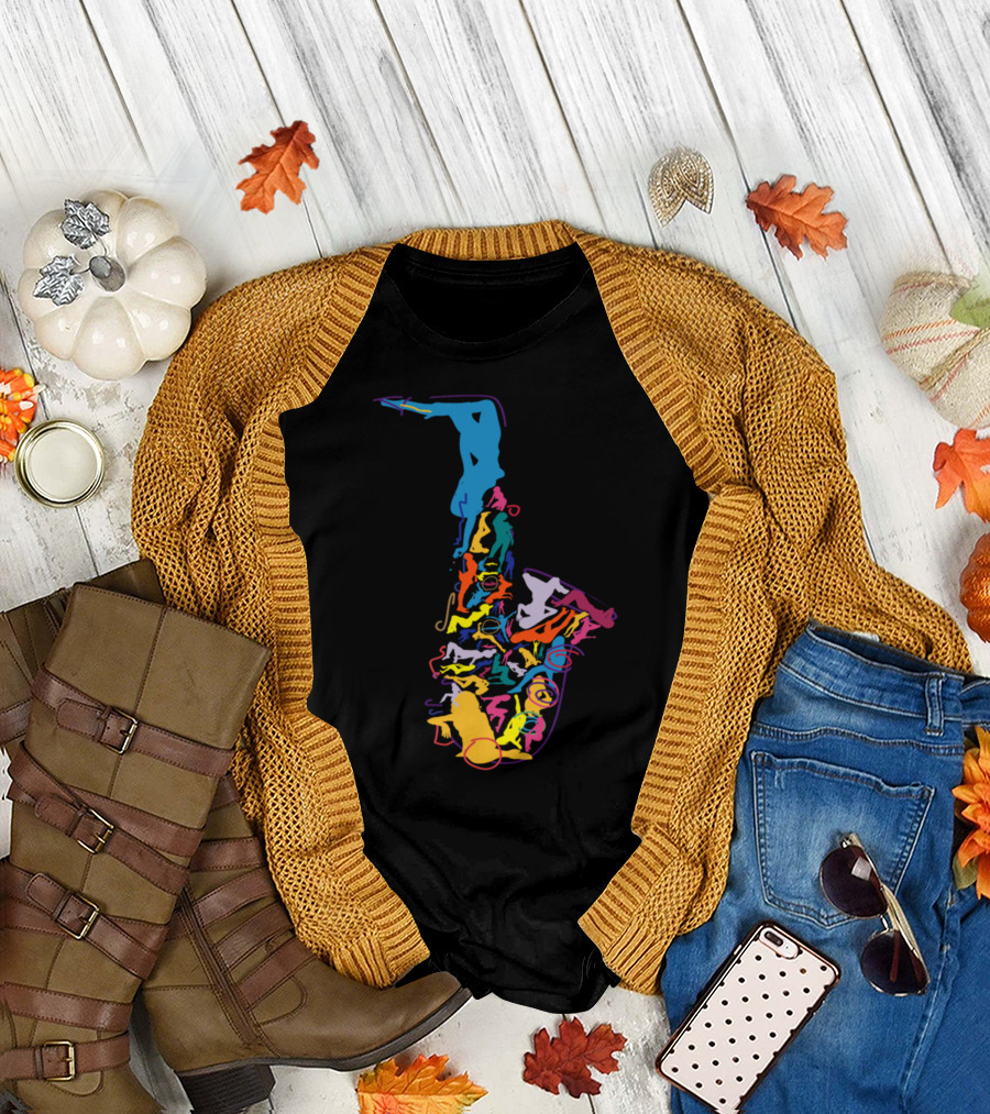 Saxophone Made of Silhouetted Musicians and Dancers in Vibrant Colors T-Shirt