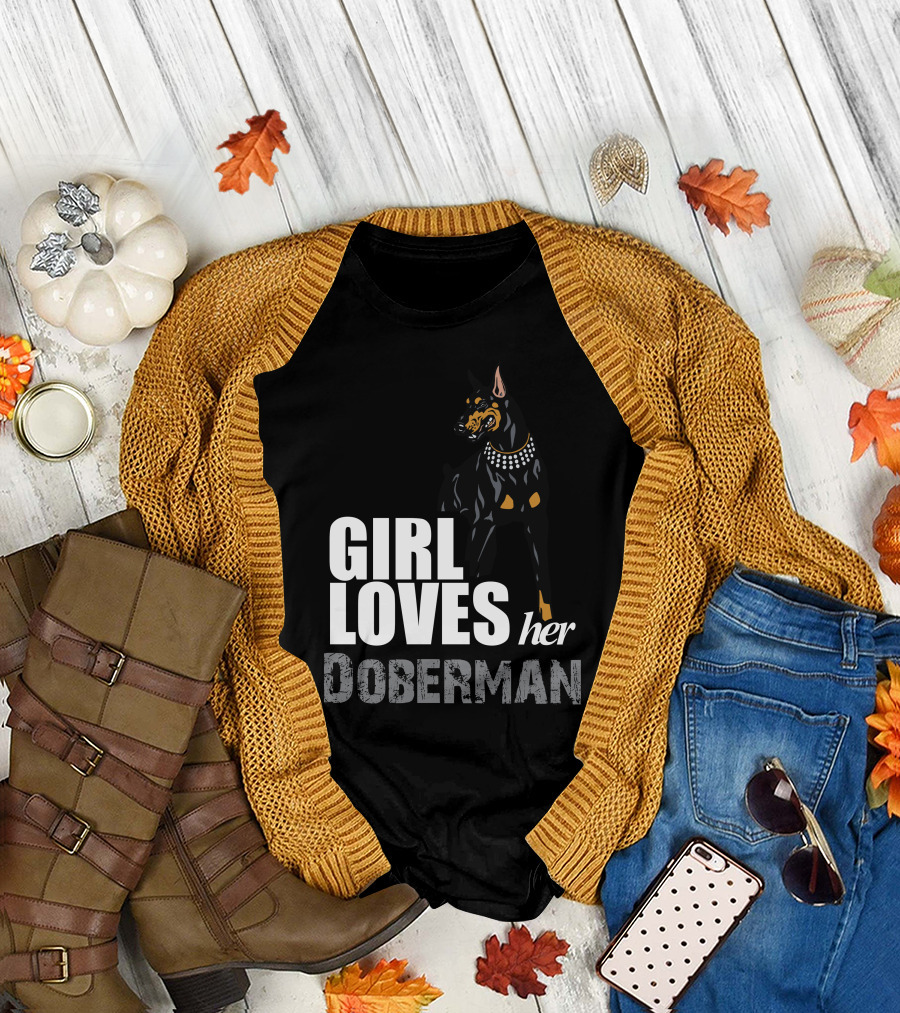 This Girl Loves Her Doberman Graphic with Bold Text and Cartoon Dog T-Shirt
