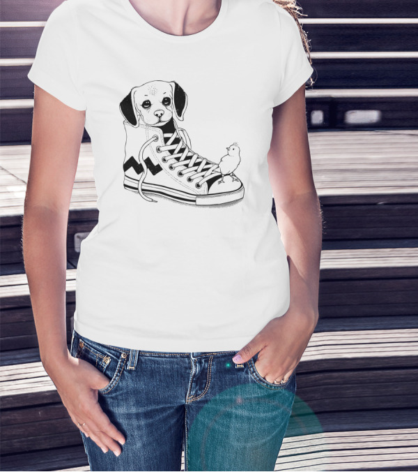 Beagle Puppy In Sneaker With Bird T-Shirt