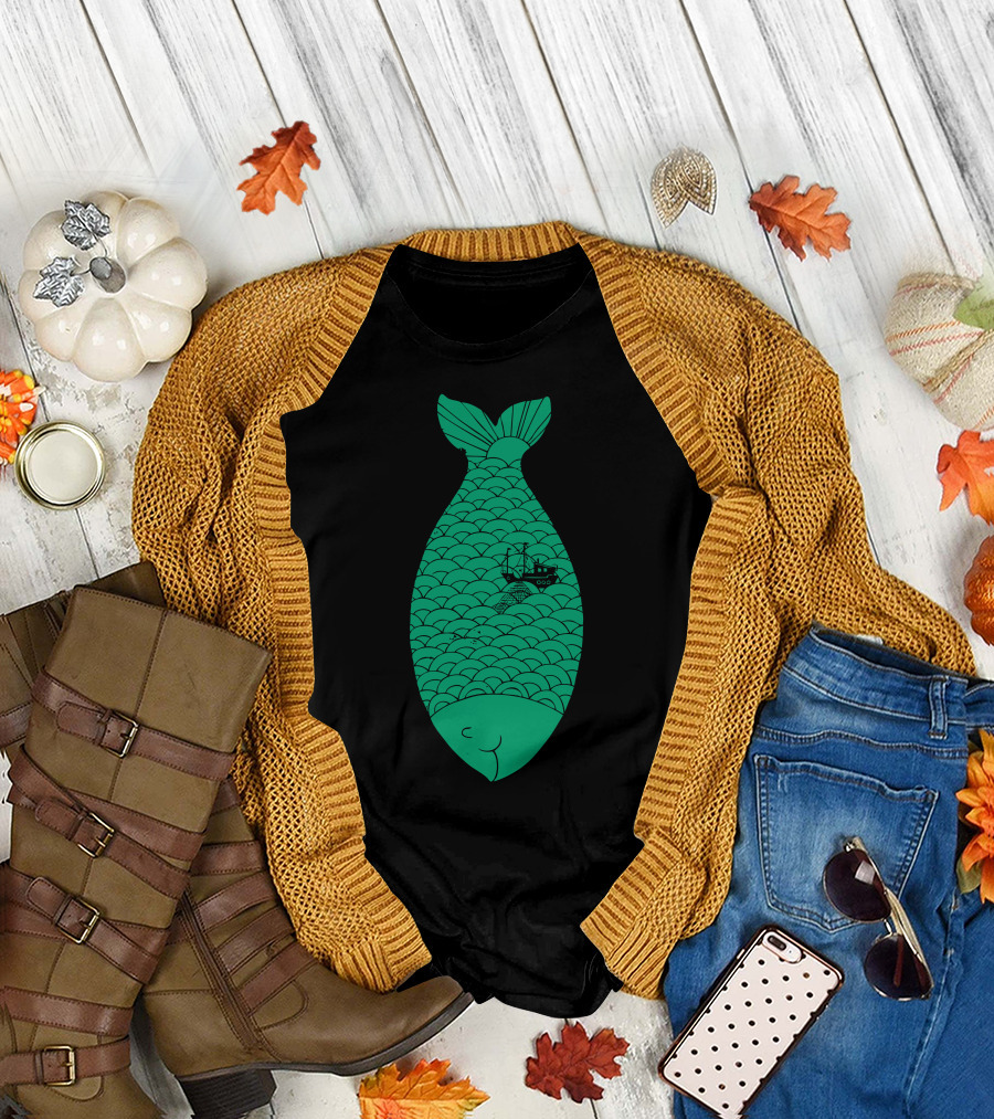 Fishing Boat on Giant Green Fish Scales Ocean Scene T-Shirt