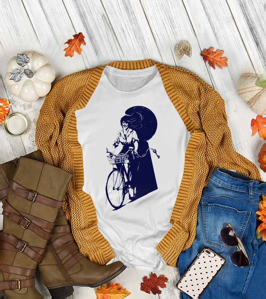 Just Passing Through Bicyclist and Moonlit Night Scene T-Shirt