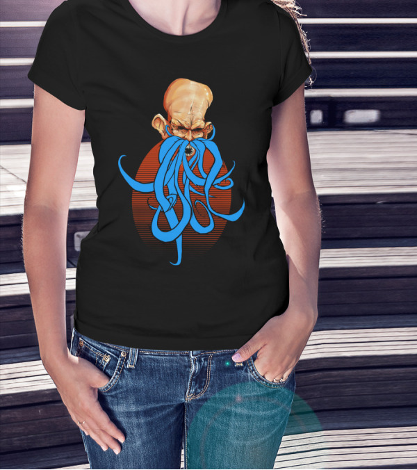 Evil Octopus Mustache Character With Blue Tentacles T-Shirt