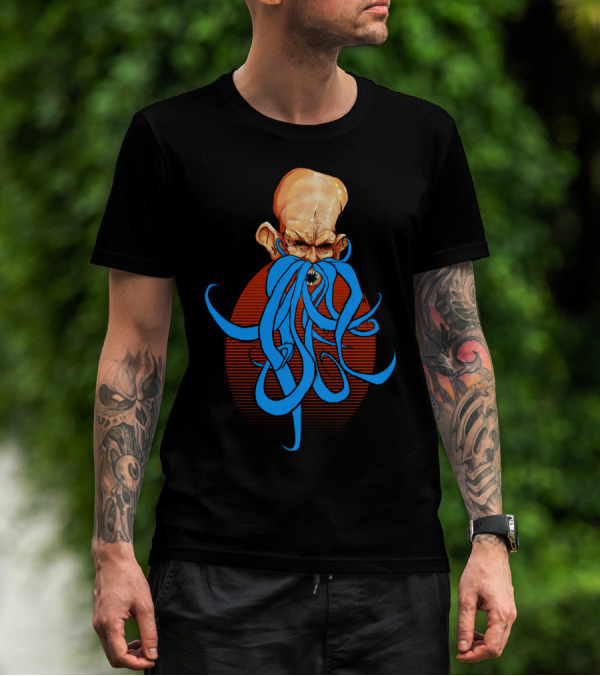 Evil Octopus Mustache Character With Blue Tentacles T-Shirt