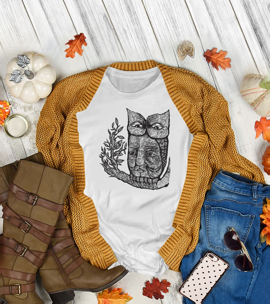 Owl Face With Branch Eyeglasses T-Shirt