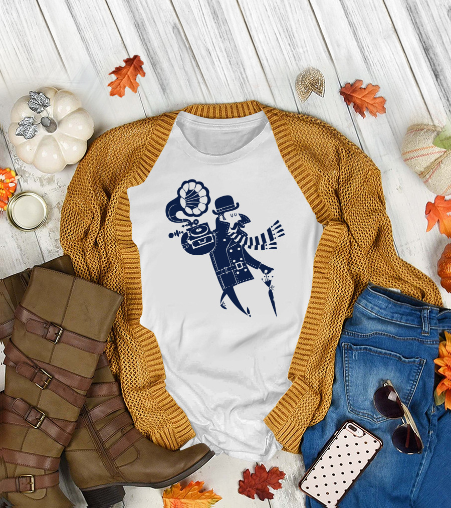 Personal Mono Music Figure in Blue Coat and Scarf T-Shirt