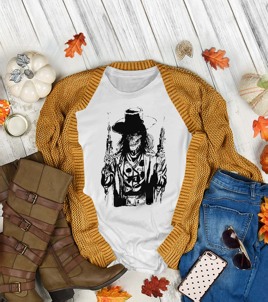 Pistol Pete Skeleton Cowboy Dual Pistols Wild West T-Shirt