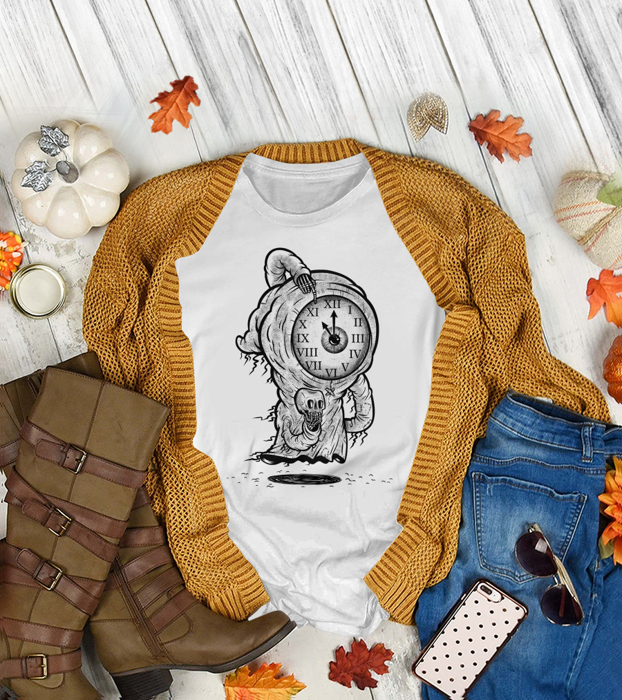 Reaper Of Time Clock Head Skeleton with Roman Numerals and Midnight Hour Grim Figure T-Shirt