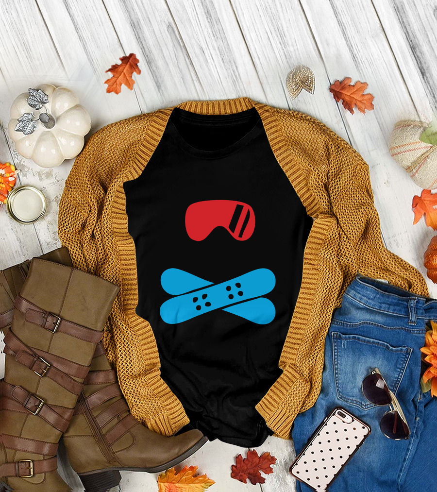 Skull with Snowboard Red Goggles Crossed Blue Snowboards T-Shirt
