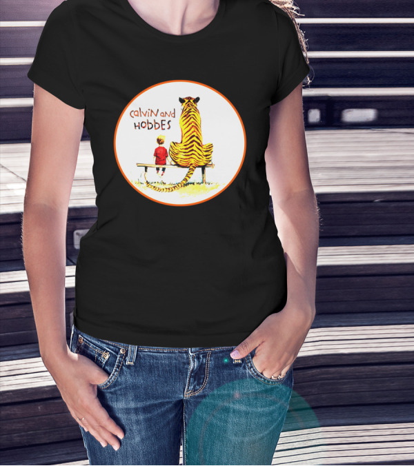 Calvin And Hobbes Sitting On Bench With Tiger T-Shirt