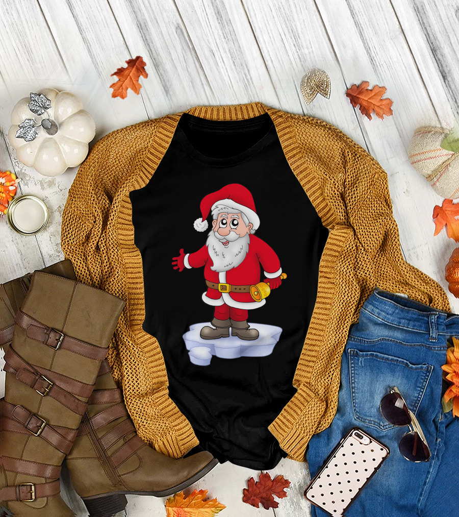 Father Christmas Santa Claus Holding Xmas Bells on Ice Patch T-Shirt