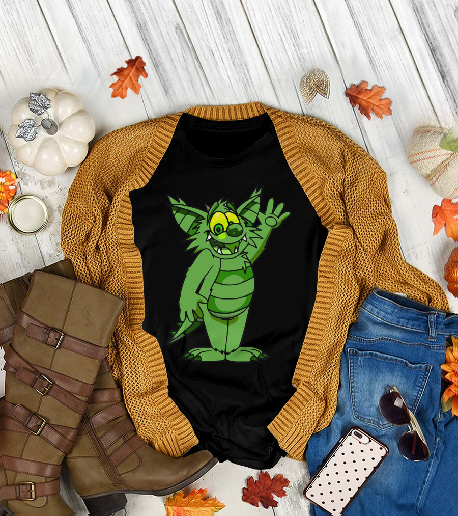 Monster Cats Green Cartoon Creature Waving T-Shirt