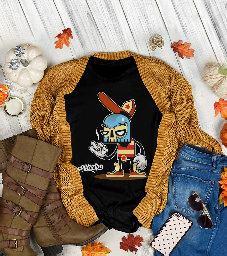 Frazer Muerto Skull Character with Striped Outfit and Cap T-Shirt