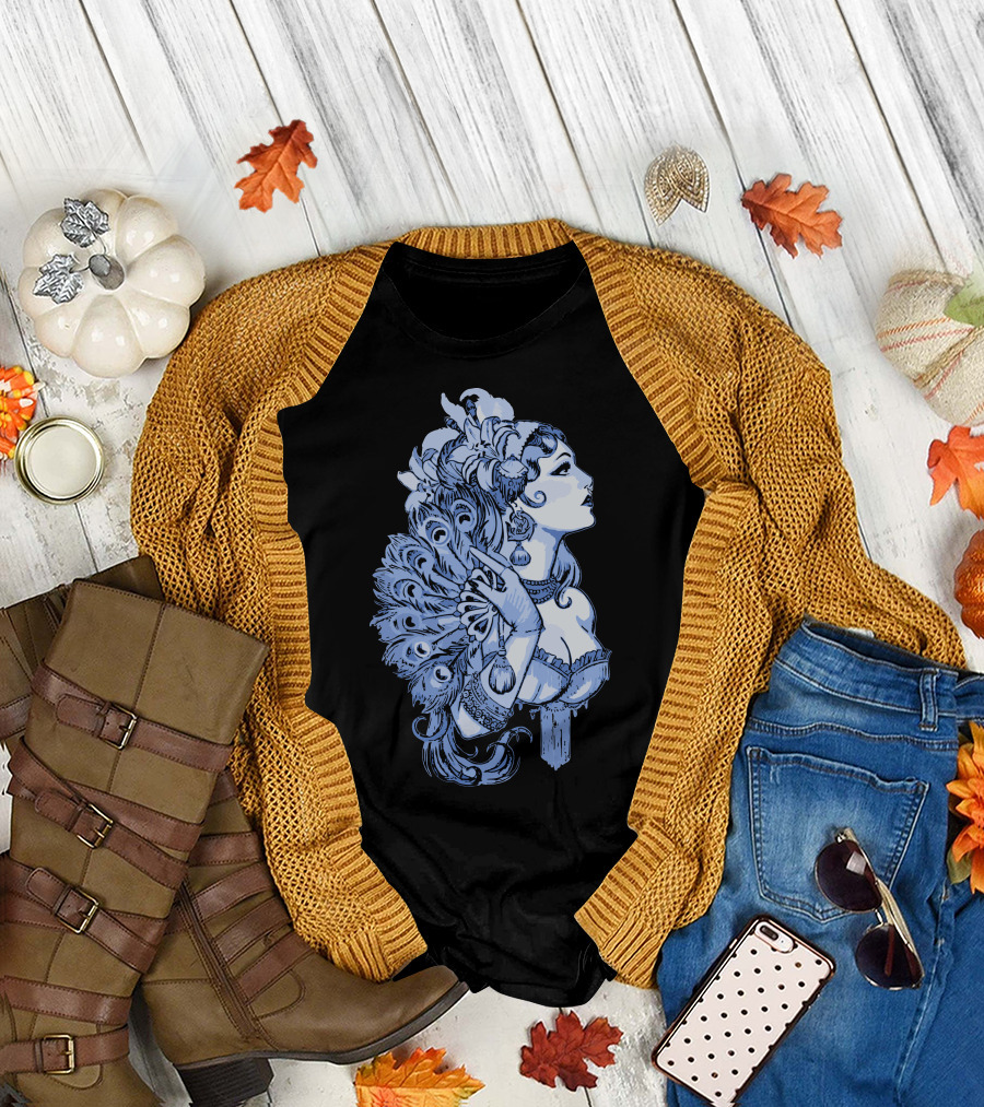 Elegant Vintage Pin Up with Peacock Feathers T-Shirt
