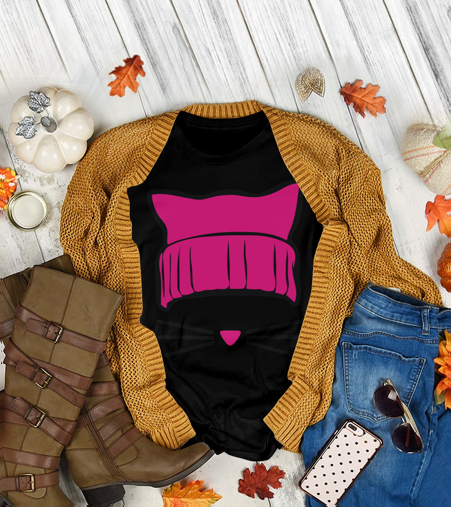 Pussycat Pink Knit Hat with Whiskers T-Shirt