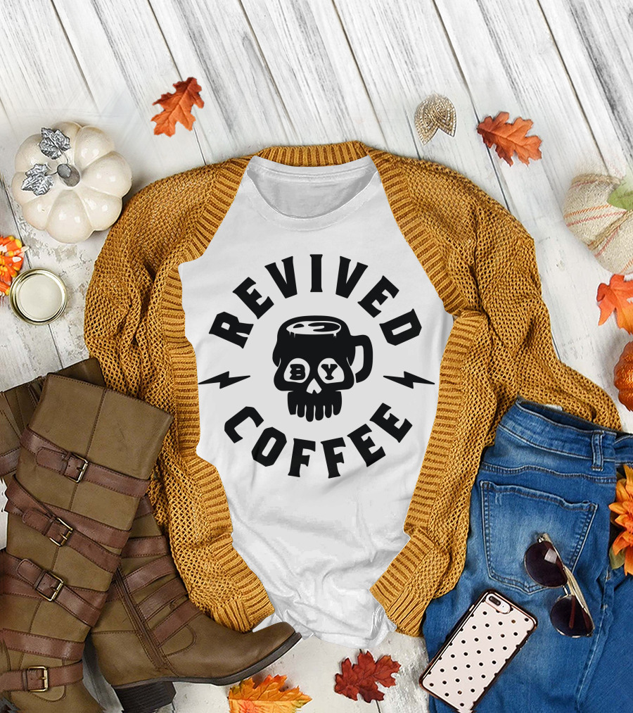 Revived By Coffee Skull Mug with Lightning Bolts T-Shirt