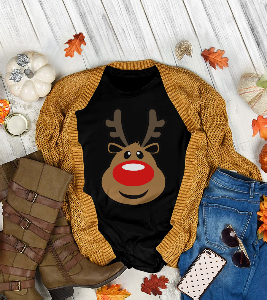 Rudolph Big Red Nose Reindeer Face with Antlers T-Shirt