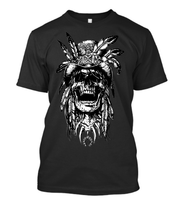 Skull With Tribal Feathered Hat And Medallions T-Shirt