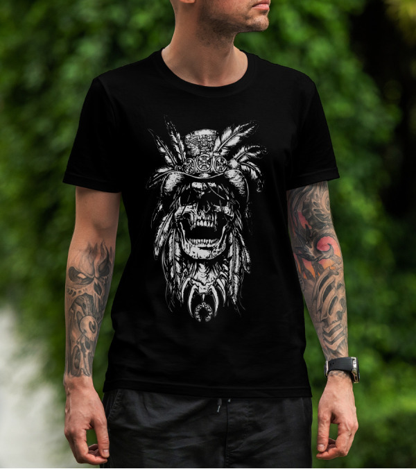 Skull With Tribal Feathered Hat And Medallions T-Shirt