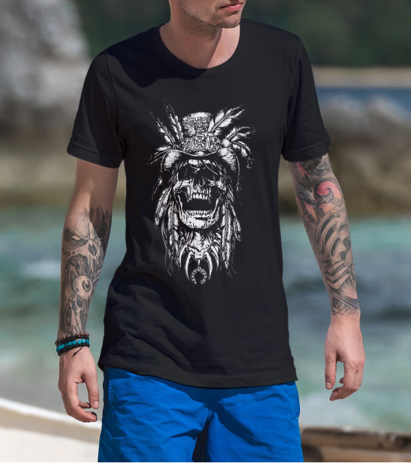 Skull With Tribal Feathered Hat And Medallions T-Shirt
