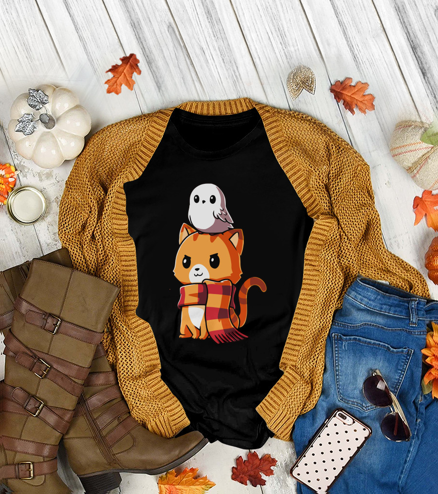 Brave Kitty with Owl Winter Scarf T-Shirt