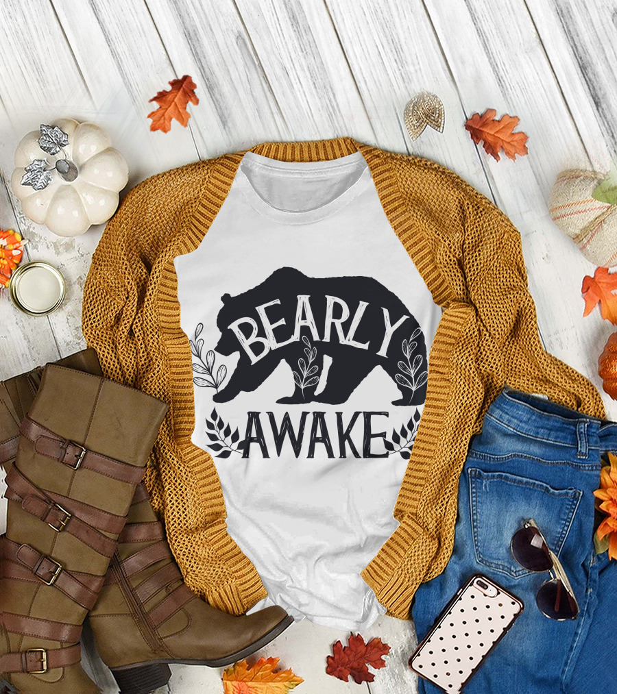Bearly Awake Bear Silhouette with Leaves and Cup T-Shirt