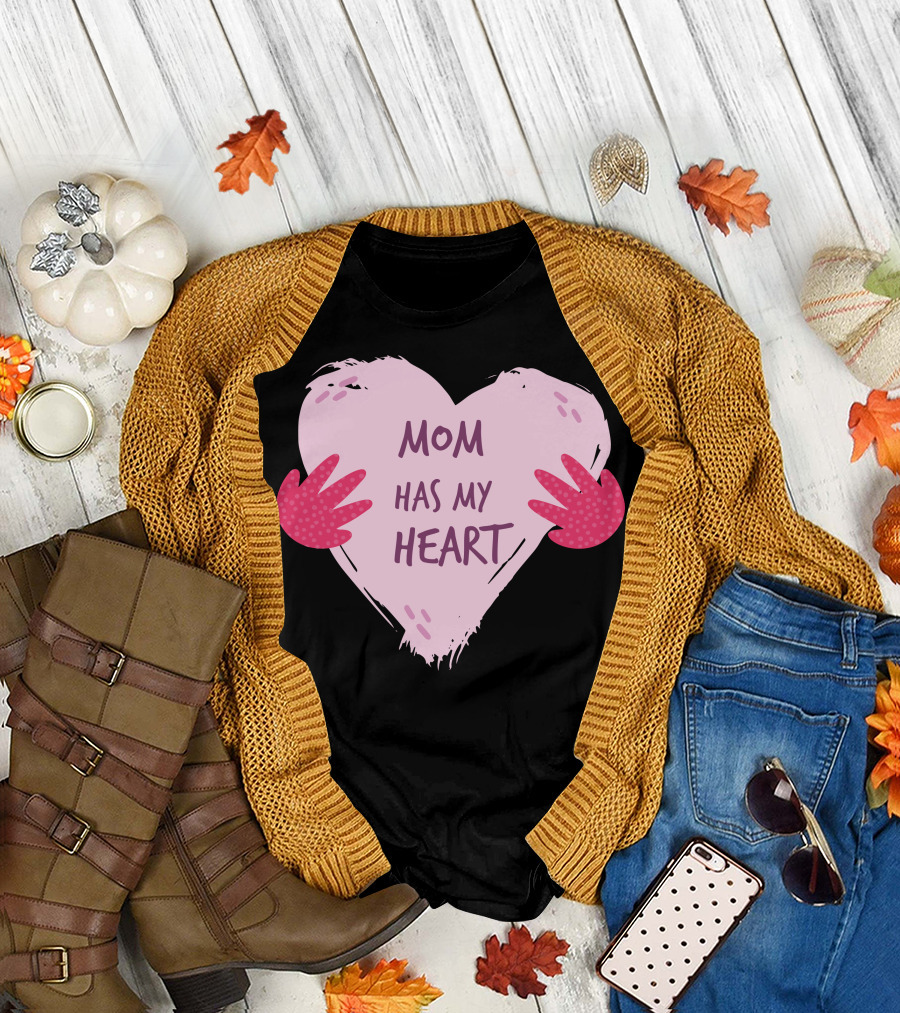 Mom Has My Heart Pink Heart with Red Hands T-Shirt