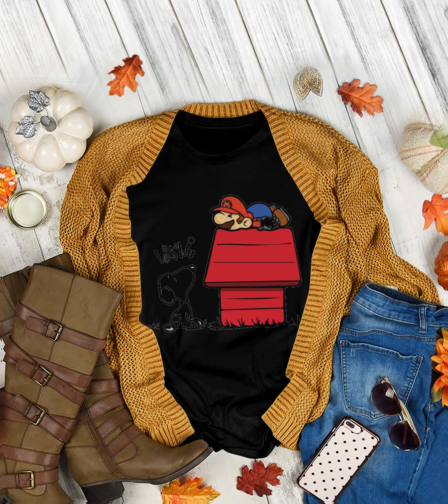 Snoopy and Lazy Mario on Doghouse with Comic Symbols T-Shirt