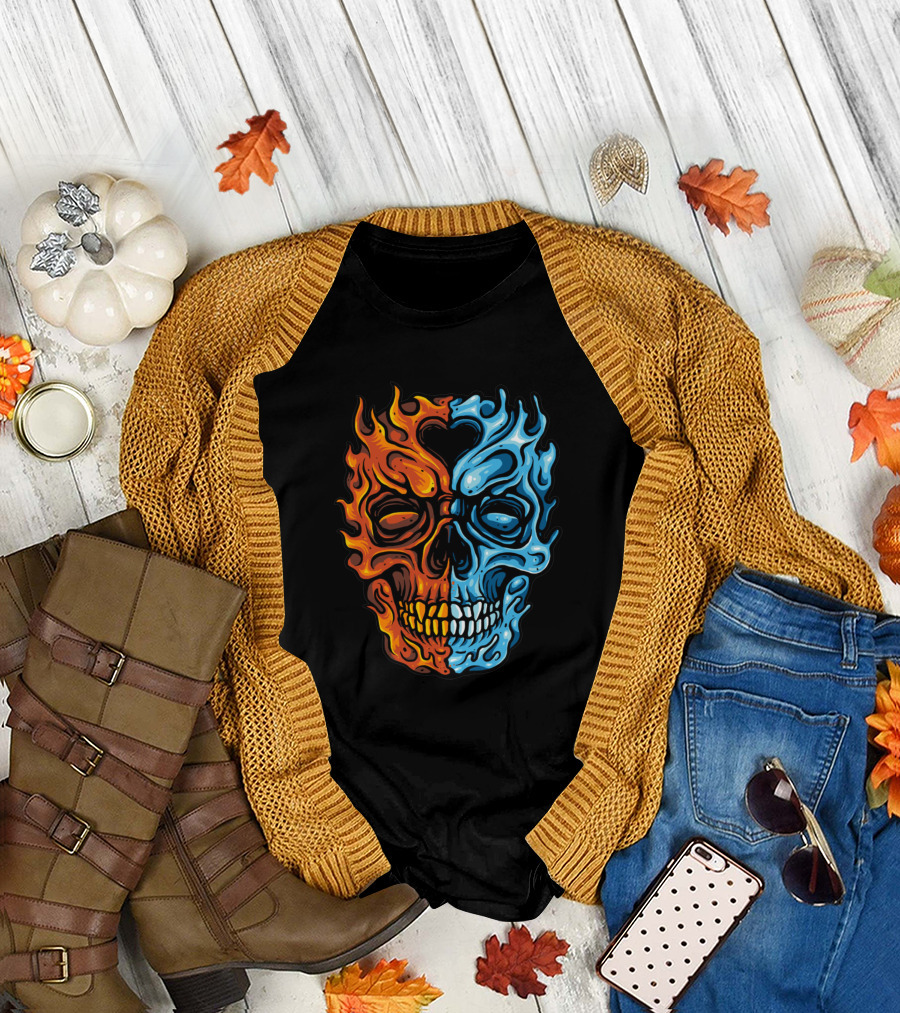 Water Fire Skull Flaming Duality T-Shirt