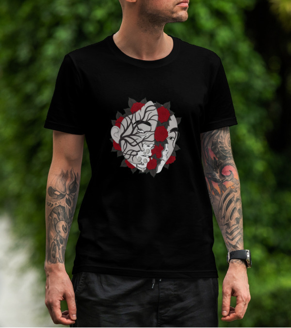 Winnie Harlow Abstract Mask Faces With Red Roses T-Shirt