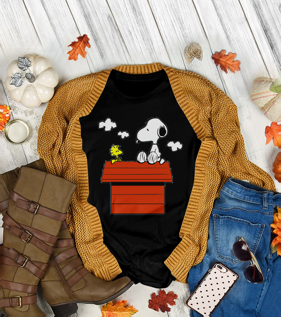 Snoopy and Woodstock Sitting on Red Doghouse Peanuts Charlie Brown T-Shirt