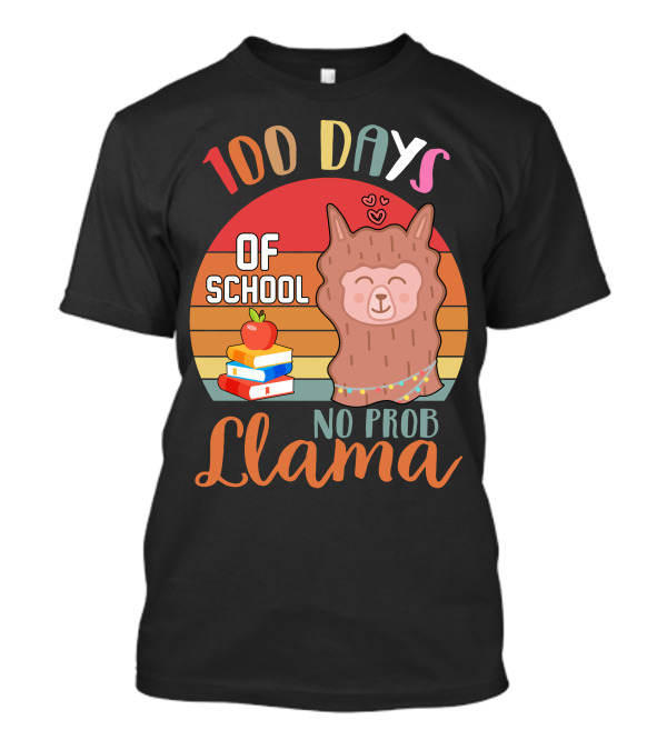 100 Days Of School No Probllama Llama Retro Style With Books And Apple T-Shirt