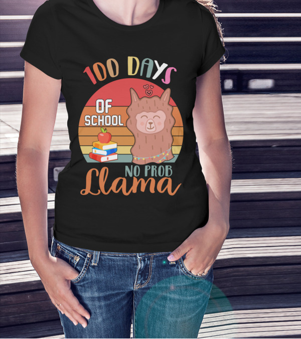 100 Days Of School No Probllama Llama Retro Style With Books And Apple T-Shirt