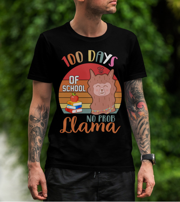 100 Days Of School No Probllama Llama Retro Style With Books And Apple T-Shirt
