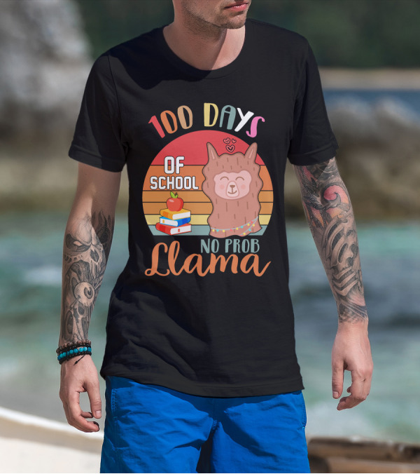 100 Days Of School No Probllama Llama Retro Style With Books And Apple T-Shirt