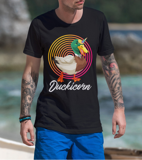 Duckicorn Mallard With Unicorn Horn And Colorful Spiral Background T-Shirt