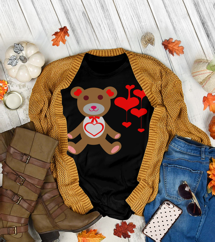 Happy Valentine Day Teddy Bear with Heart Balloons T-Shirt