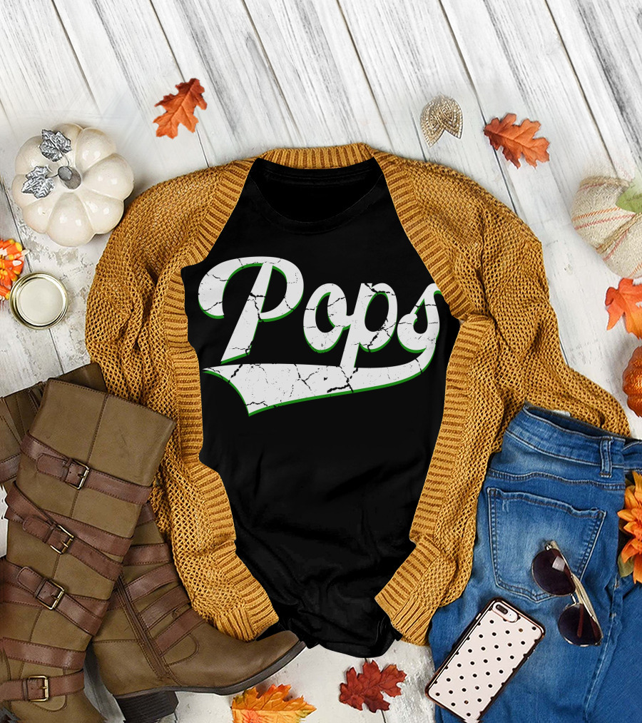 Pops Retro Distressed Vintage Style Text with Green Outline T-Shirt