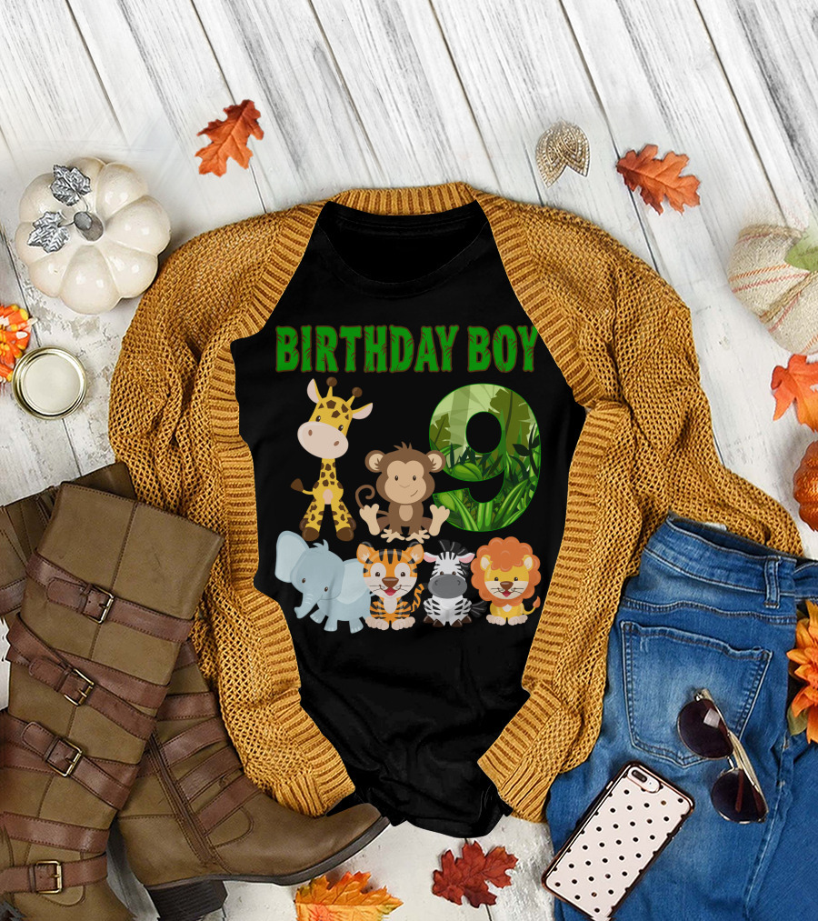 Birthday Boy Jungle Safari Animals Number Nine T-Shirt