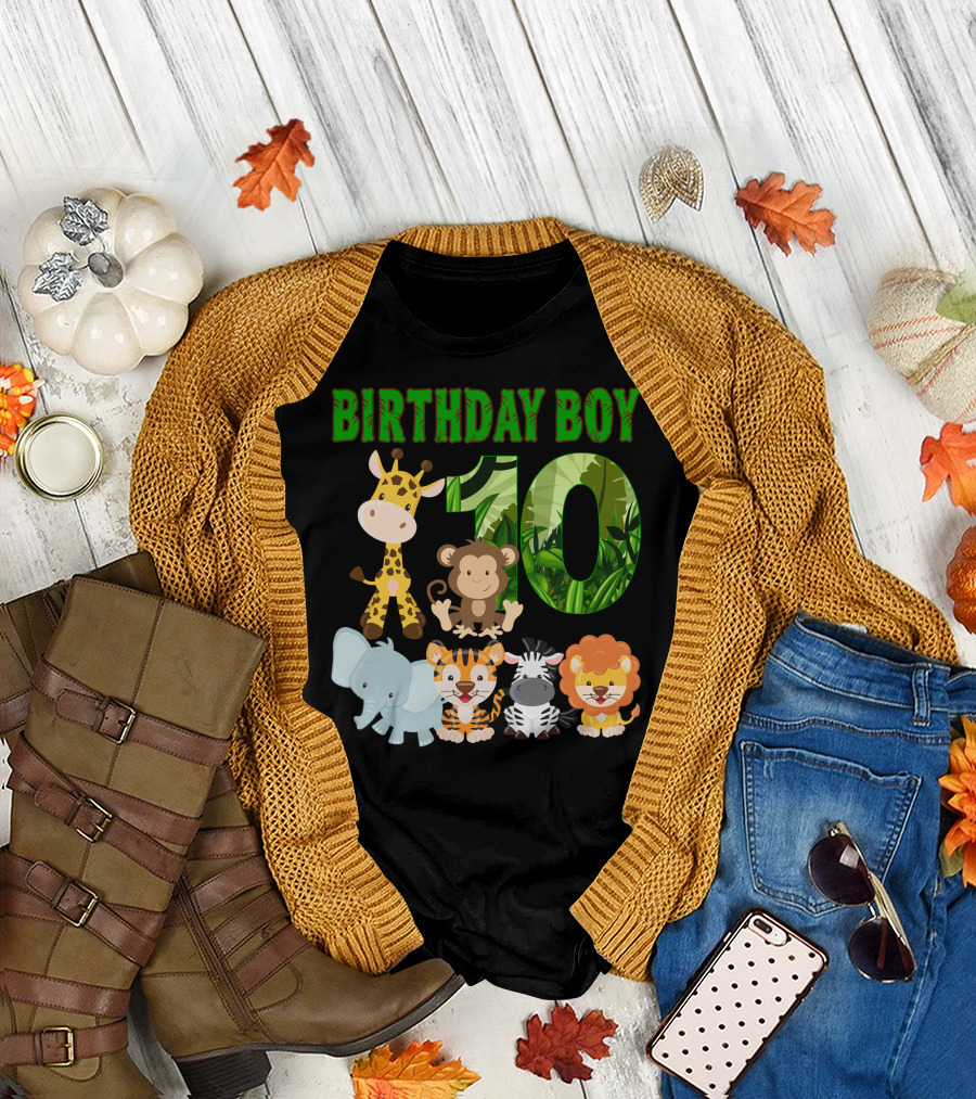 Birthday Boy Ten Jungle Animals Giraffe Monkey Elephant Tiger Zebra Lion T-Shirt