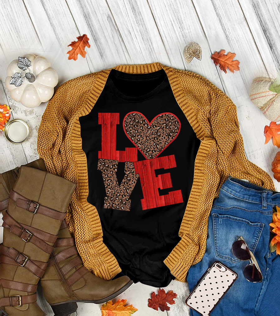 Love Valentine Red Wood Leopard Print T-Shirt
