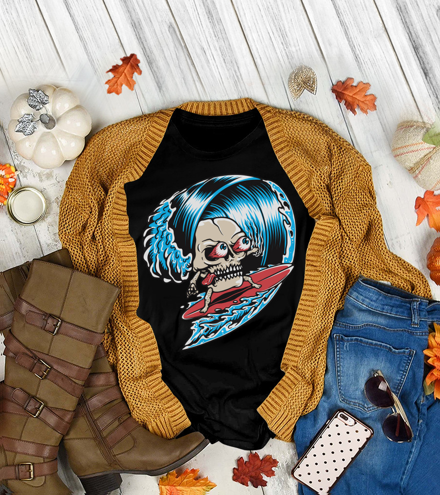 Skull Surfing Cartoon Wave Skull Riding a Surfboard Ocean Waves T-Shirt