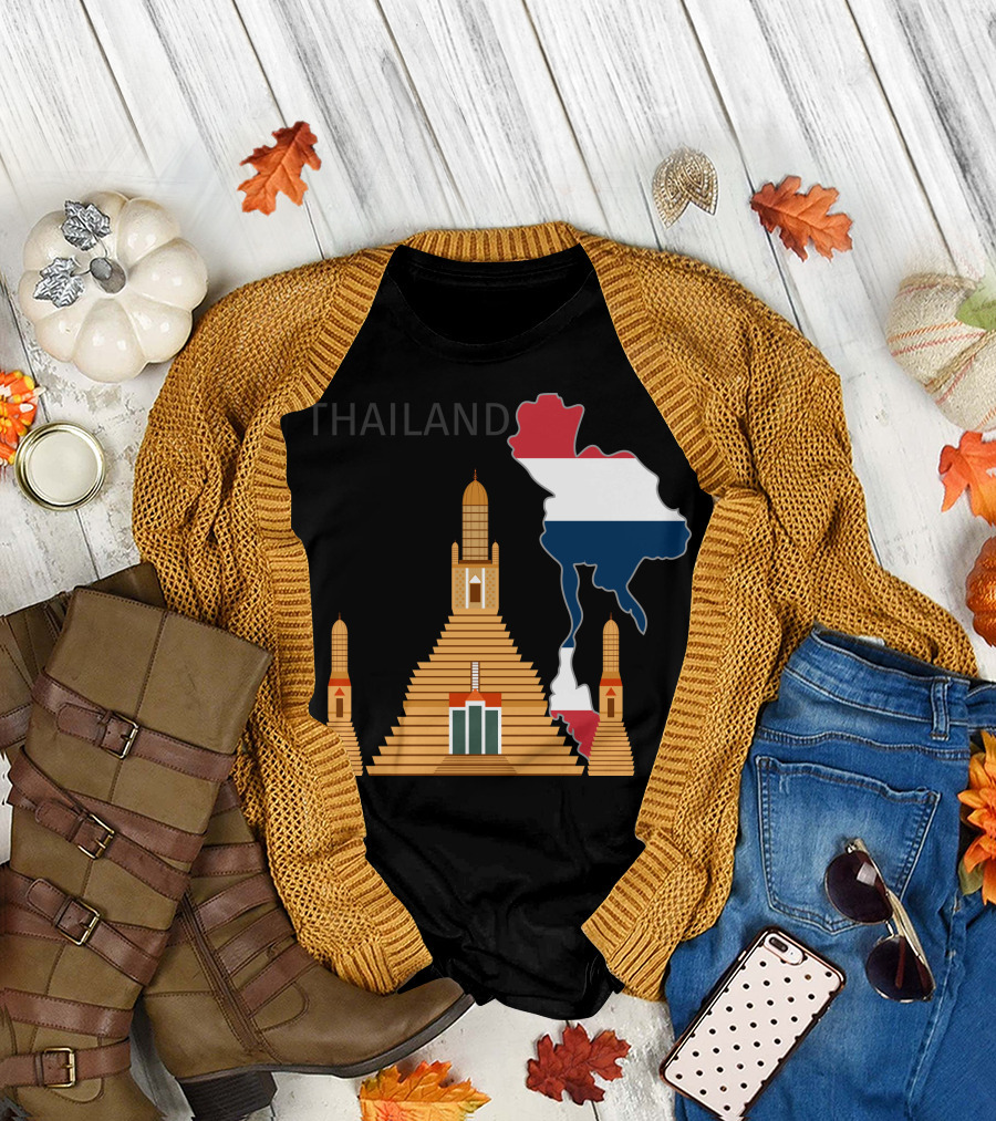 Thailand Map and Wat Arun Pagoda with Flag Colors T-Shirt