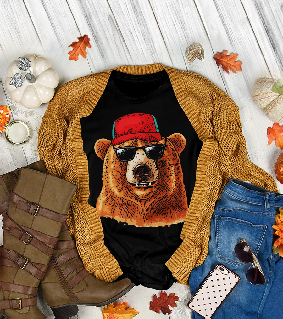 Bear with Red Baseball Cap and Sunglasses T-Shirt