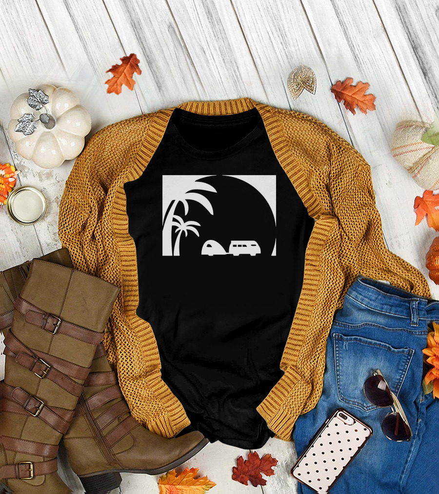 Sunset Camping Van and Tent Under Palm Trees T-Shirt