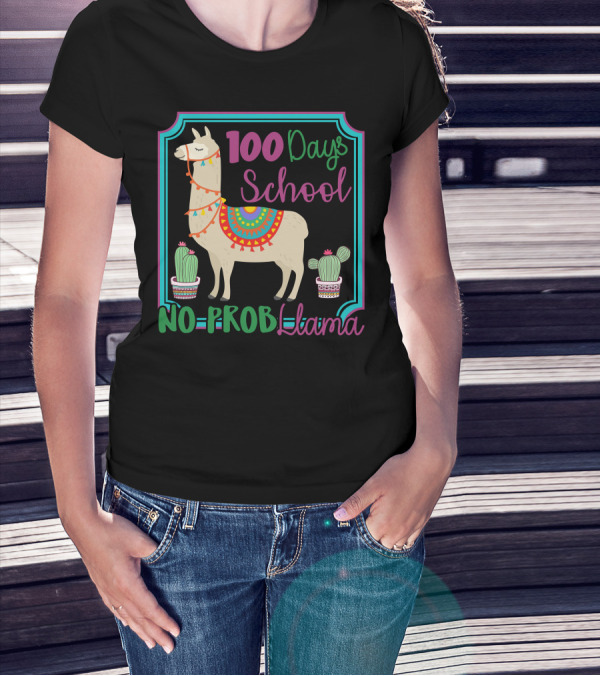 100 Days School No Probllama Colorful Llama With Cactus T-Shirt